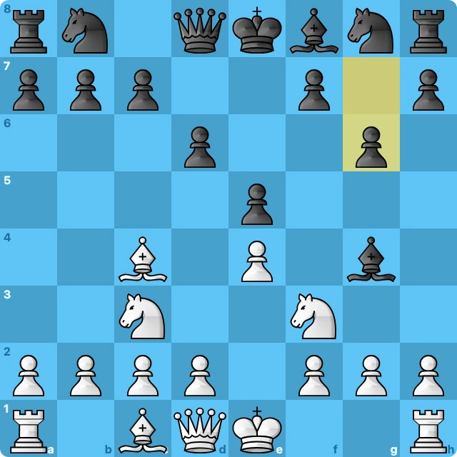 The position after 1.e4 e5 2.Nf3 d6 3.Bc4 Bg4 4.Nc3 g6, White to move. Black's last move, g7 to g6, is highlighted.