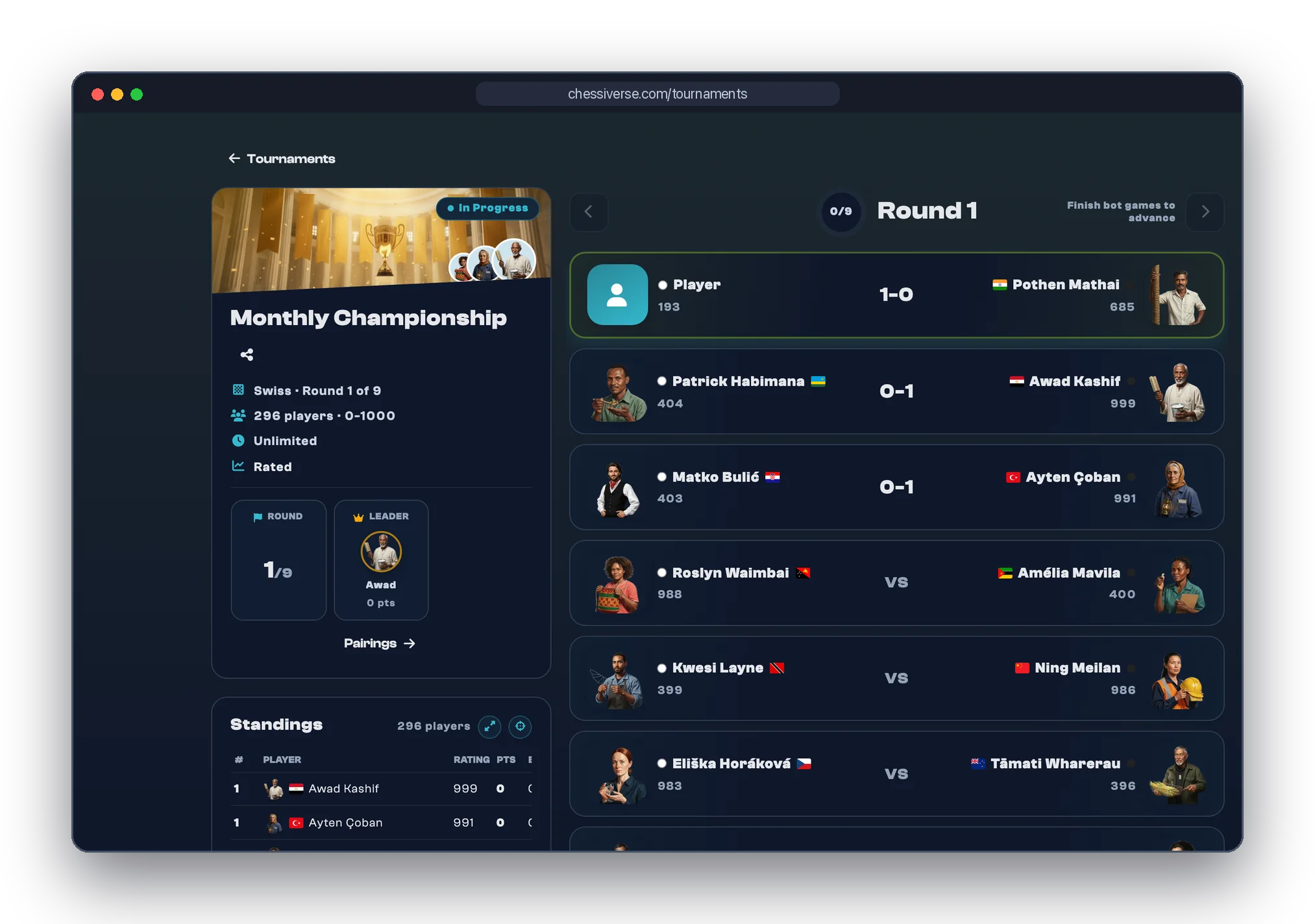 The Monthly Championship on the desktop: a nine-round Swiss with 296 players and the round 1 pairings against the bots