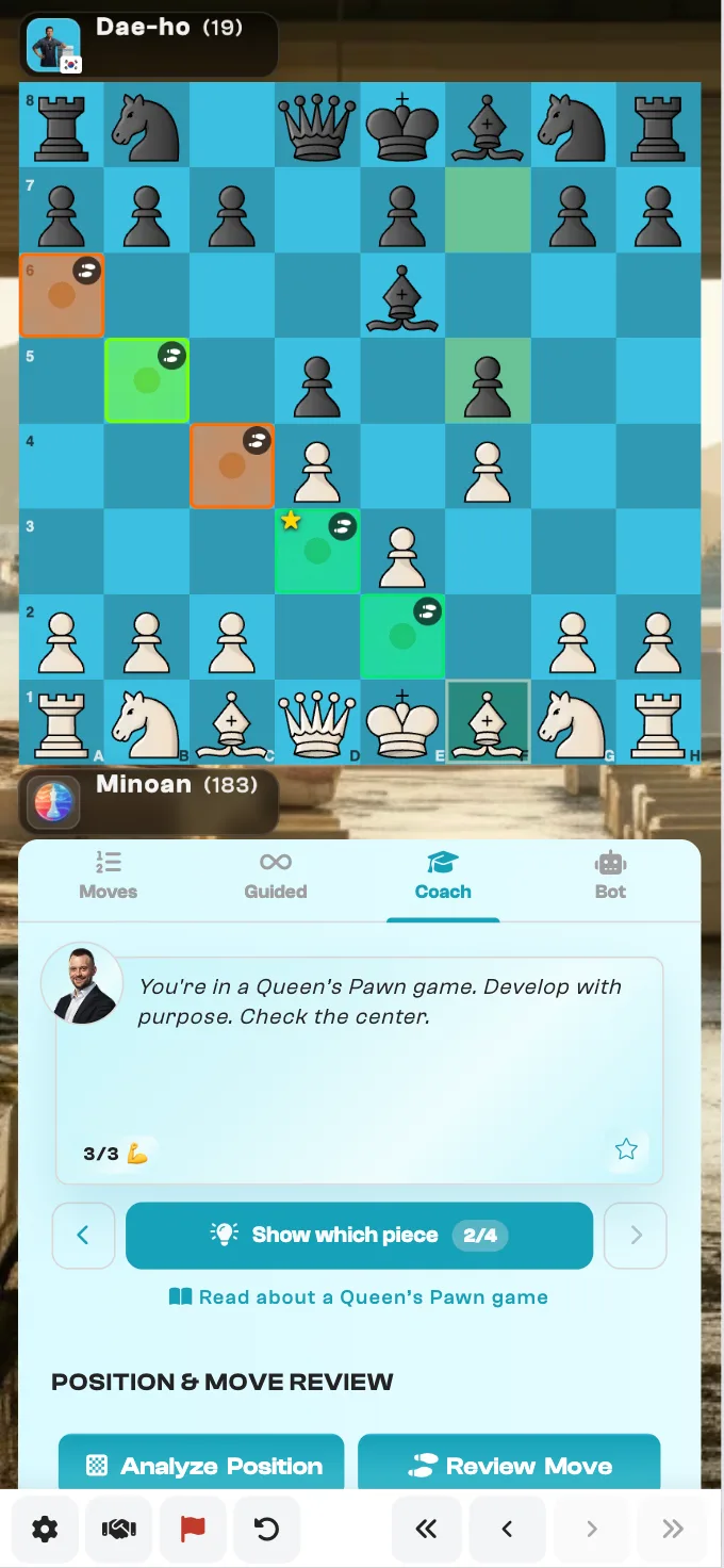 Guided Play on mobile: the coach explains a Queen's Pawn game while every move is graded with colored highlights