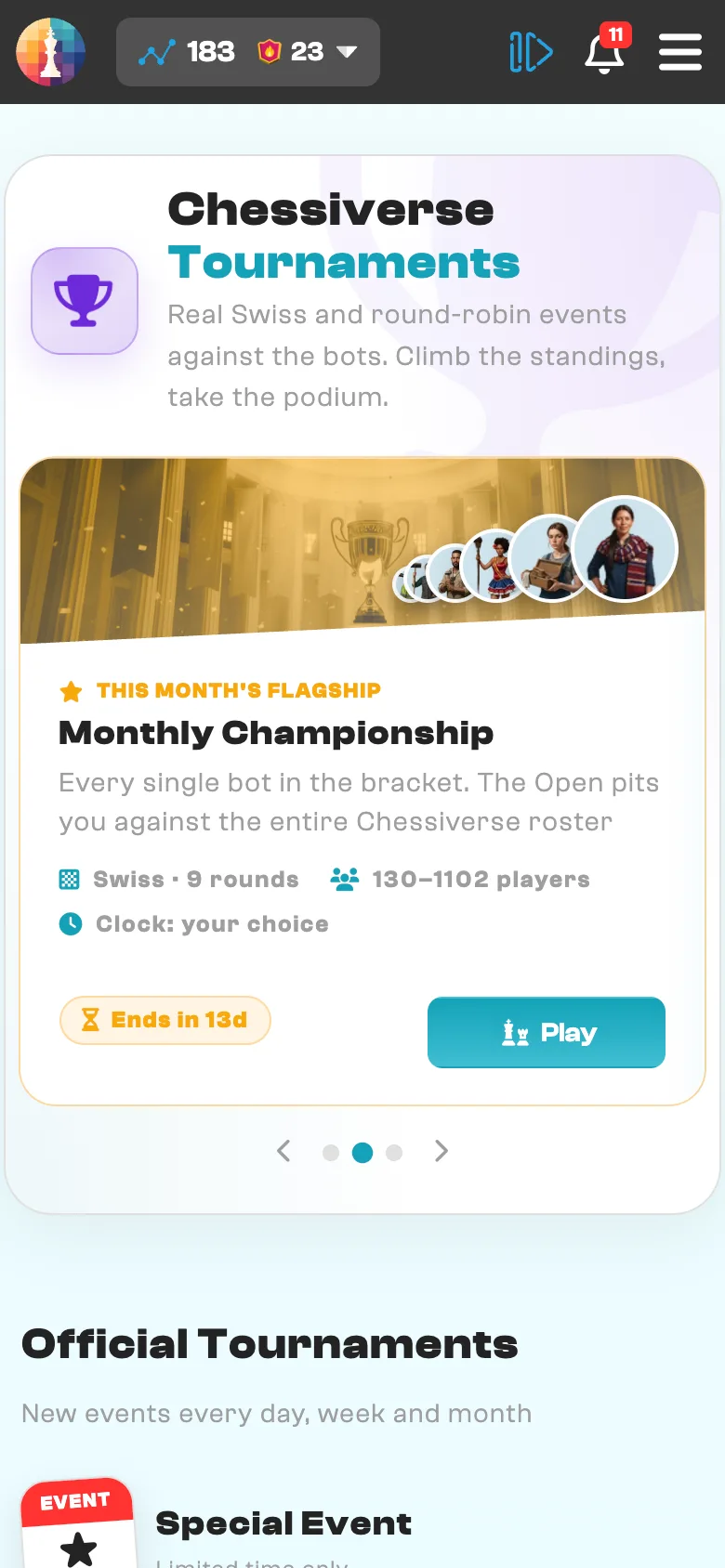 Chessiverse Tournaments on mobile: the Monthly Championship Swiss event against the bot roster